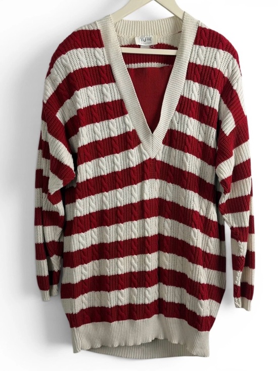 tjw Sweaters - vintage 80s tjw by mervyns red white striped cable knit preppy v neck sweater xl